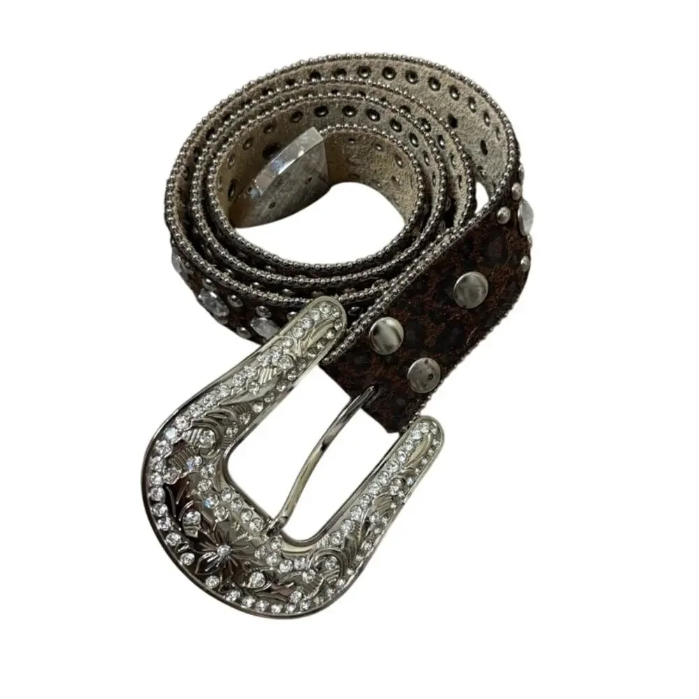 Y2K Cheetah Print Studded Leather Belt Big Buckle Statement M